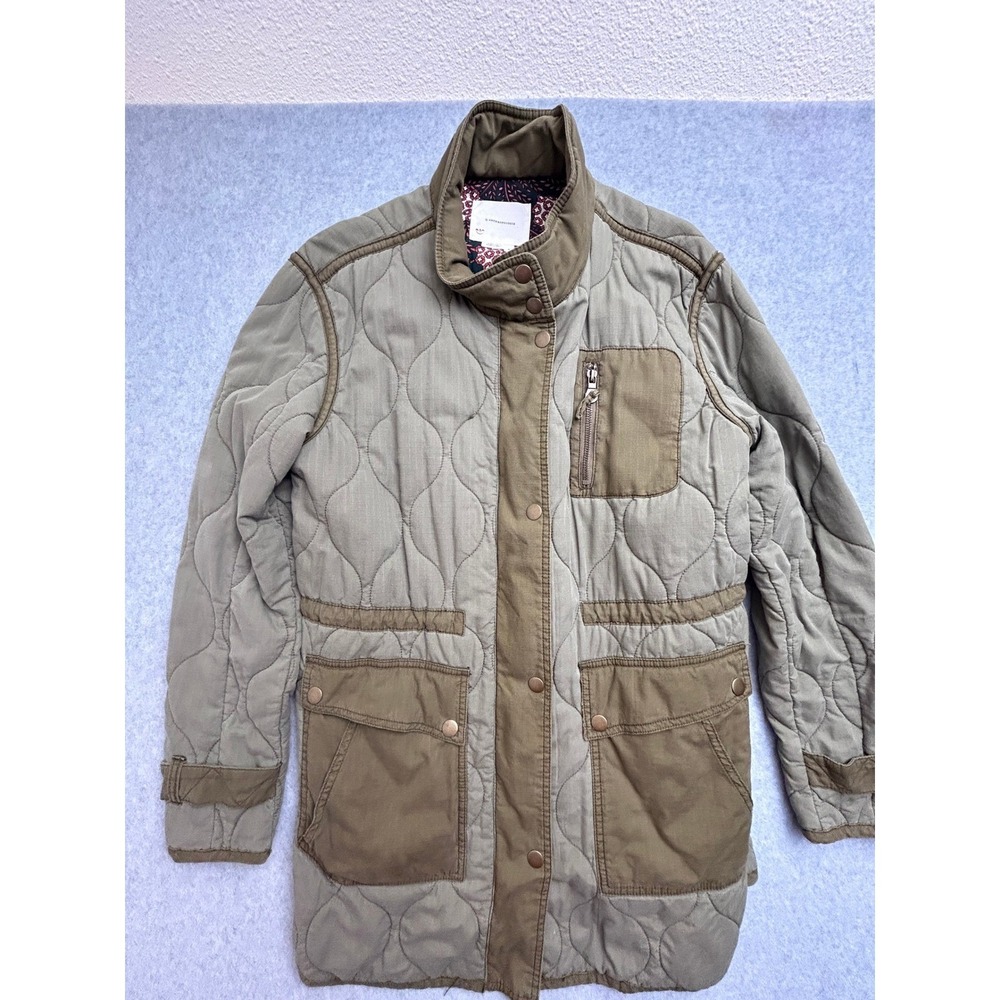 Anthropologie Quilted Utility Jacket Olive Green Ripstop Snap Front Coat Medium